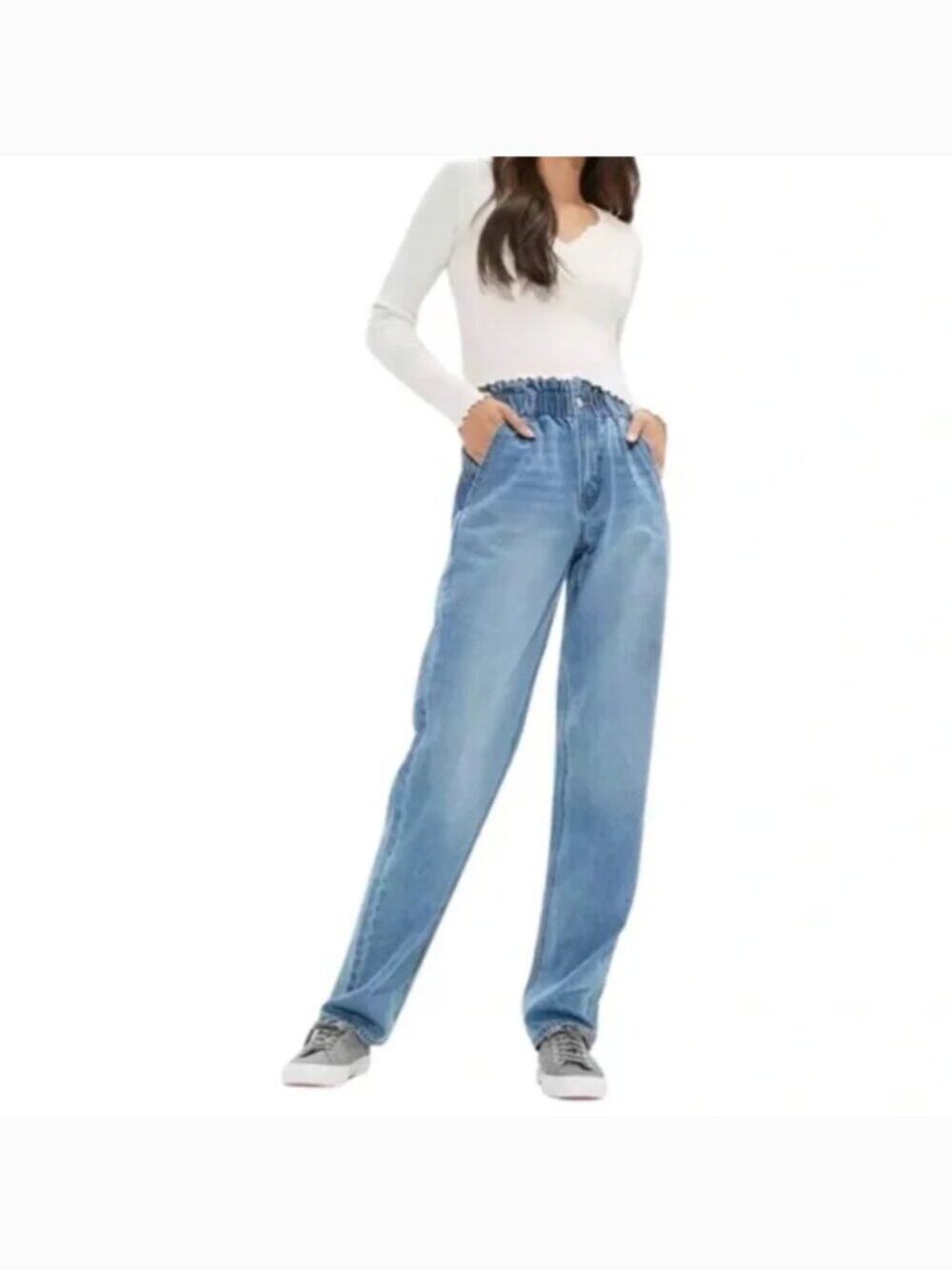 American Eagle Baggy Mom Jeans Hi-Rise Blue Paper bag Elastic Waist Size 18